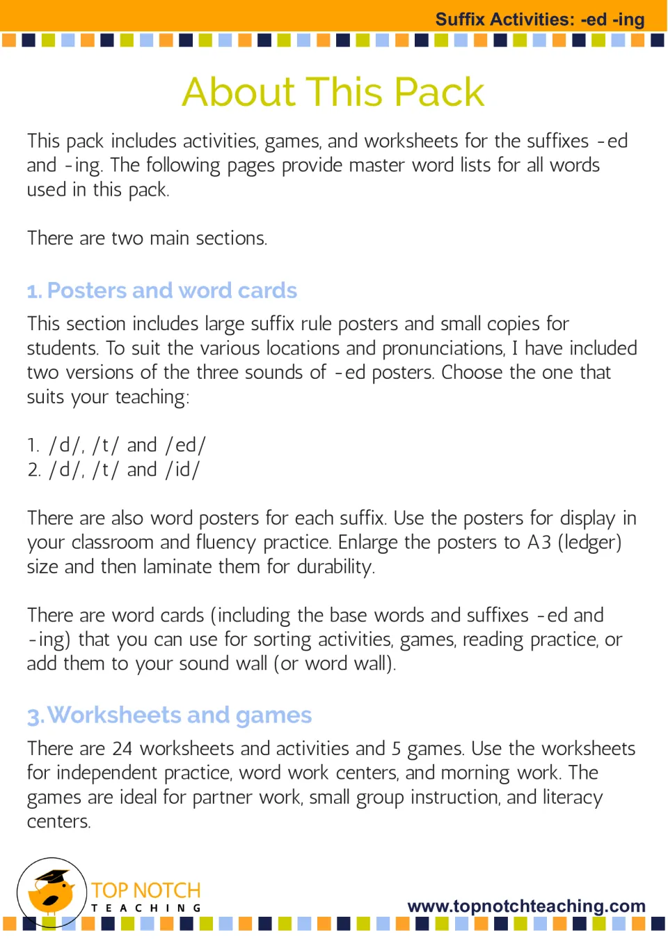 Suffix packet overview explaining poster and word card uses, plus 24 worksheets and activities and 5 games