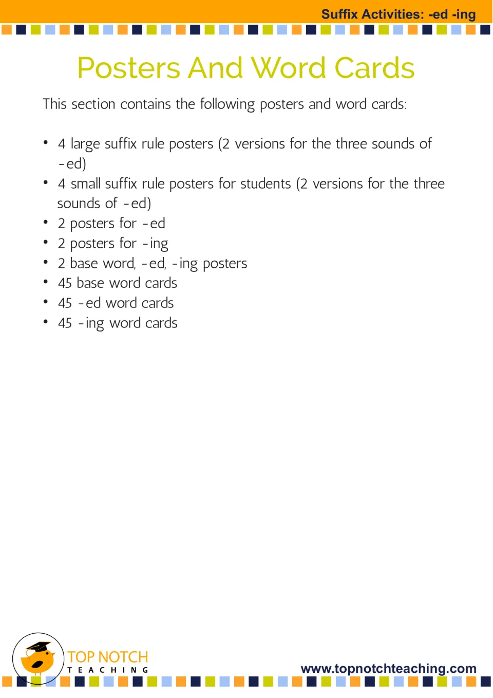 Poster and word card inventory listing suffix rule posters and 45 cards each for base words, -ed, and -ing