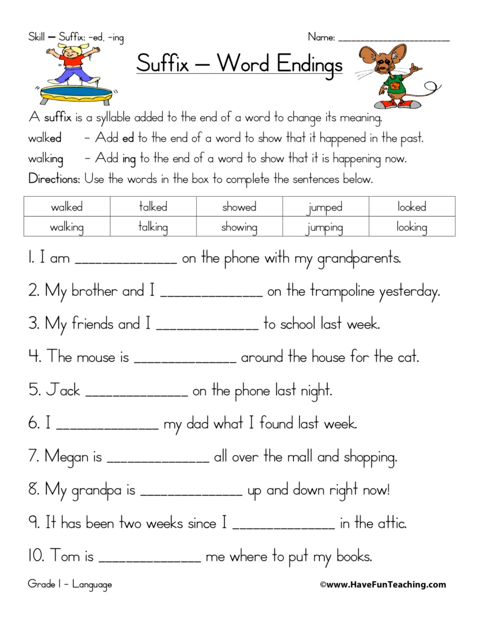 Suffix word endings: students complete 10 sentences with -ed or -ing verbs such as walked or talking from a word bank