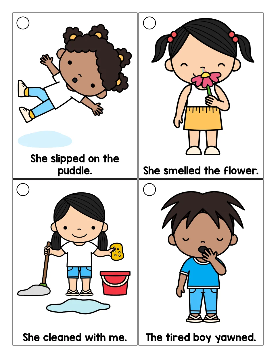 Past-tense -ed sentence cards with pictures: students read She slipped on the puddle, She smelled the flower and 2 more