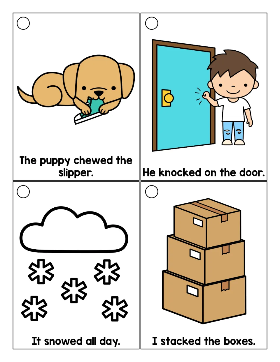 Reading -ed verbs in sentences: picture cards for The puppy chewed the slipper, It snowed all day and I stacked the boxes