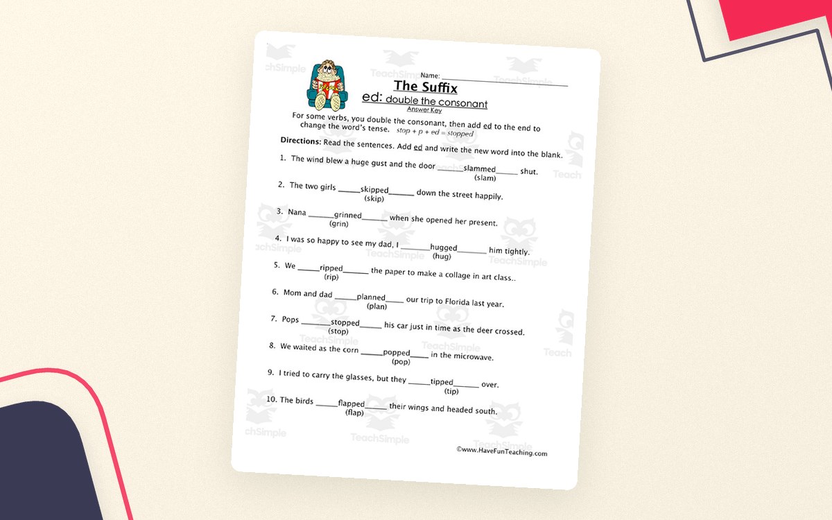 Suffix ED Worksheet preview: Explanation of the final-consonant doubling pattern