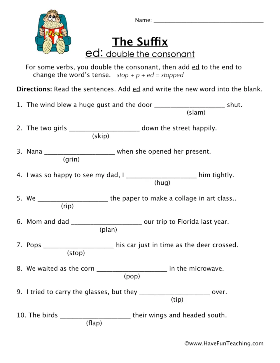 Suffix ed, double the consonant: students add ed to 10 verbs like slam, skip and hug to complete each sentence