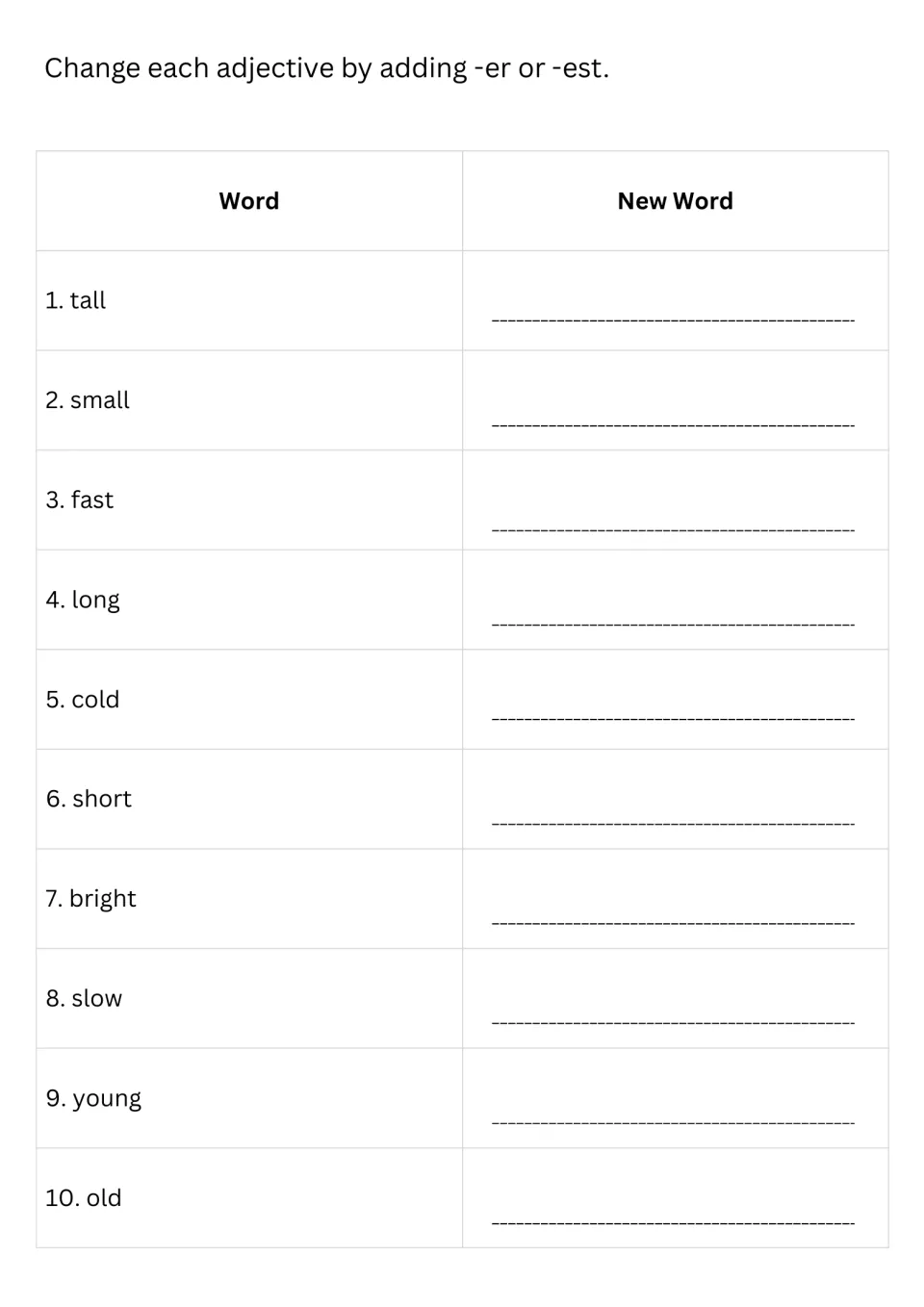 Adding -er or -est: students change 10 adjectives, from tall, small and fast to young and old, into a new word
