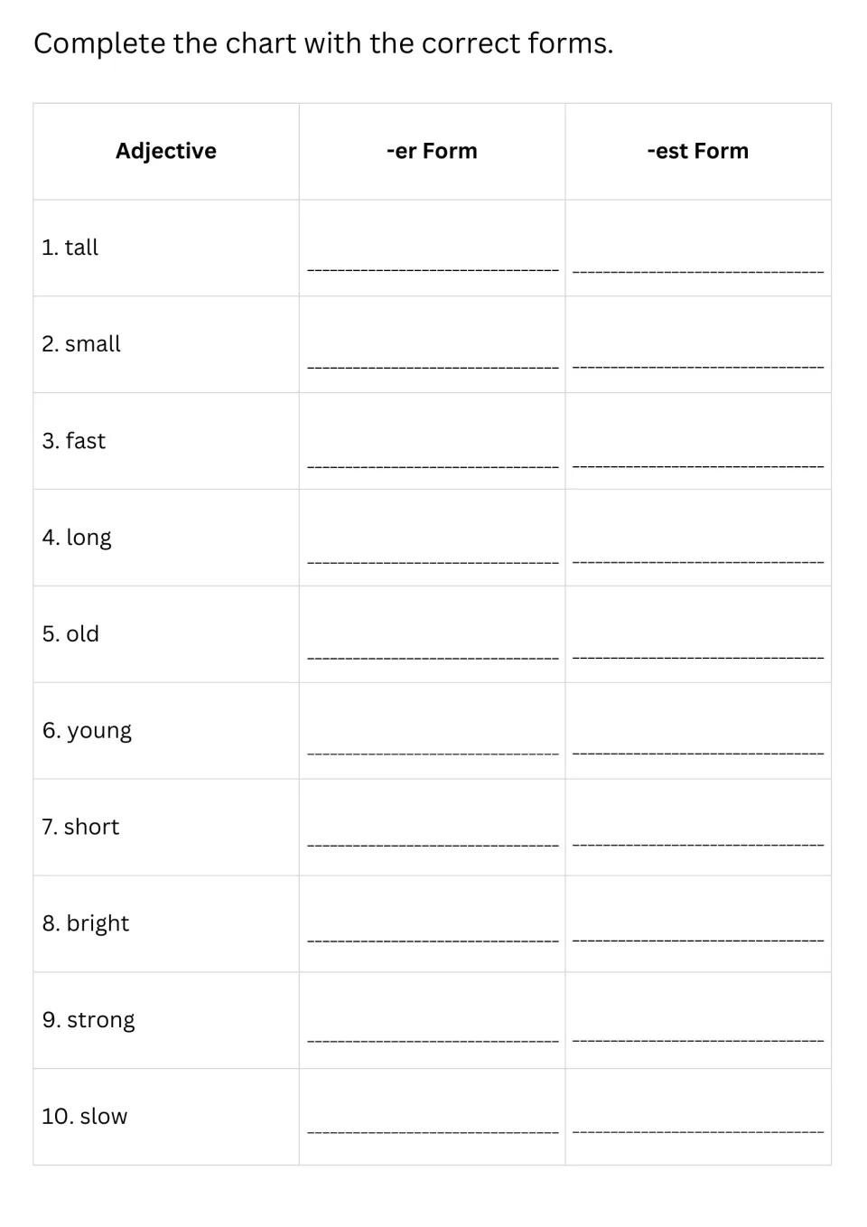 Adjective forms chart: students write the -er and -est form for 10 adjectives such as tall, fast, old, bright and slow