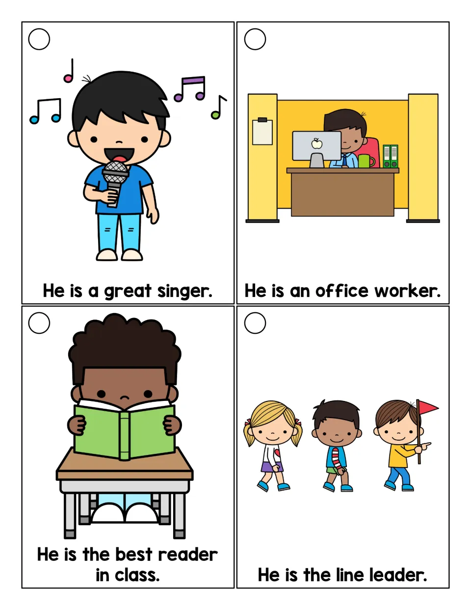 Reading -er person words: students read cards about a singer, an office worker, the best reader and a line leader