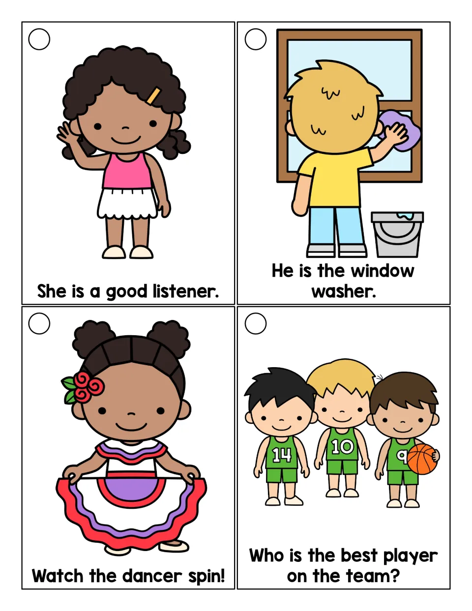 More -er person word cards: students read sentences naming a listener, a window washer, a dancer and a team player