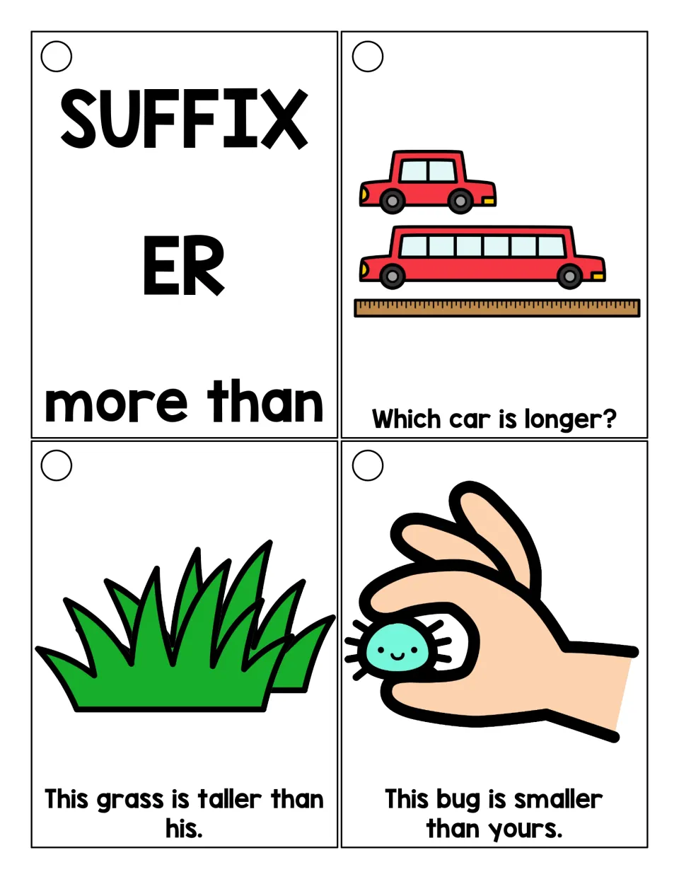 Suffix -er meaning more than: title card and comparing sentences about a longer car, taller grass and a smaller bug to read