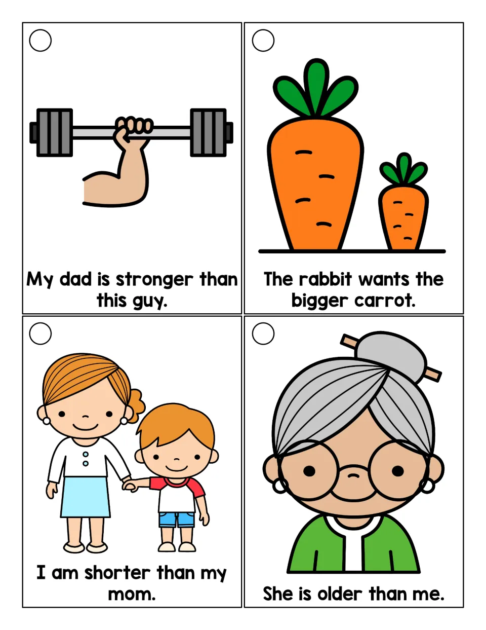 Comparing with -er words: students read sentences using stronger, bigger, shorter and older, each with a matching picture