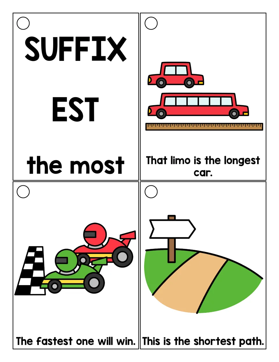 Suffix -est meaning 'the most': students read picture cards about the longest limo, fastest racer and shortest path