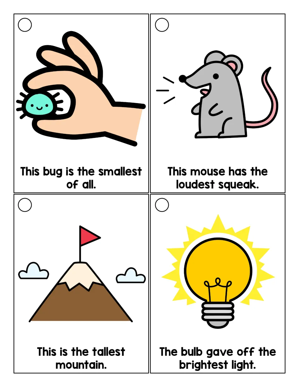 Reading -est words: students read sentences about the smallest bug, loudest squeak, tallest mountain and brightest light