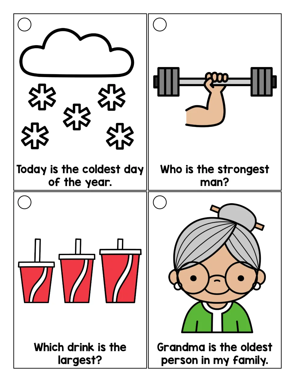 Superlatives with -est: students read sentences on the coldest day, strongest man, largest drink and oldest person