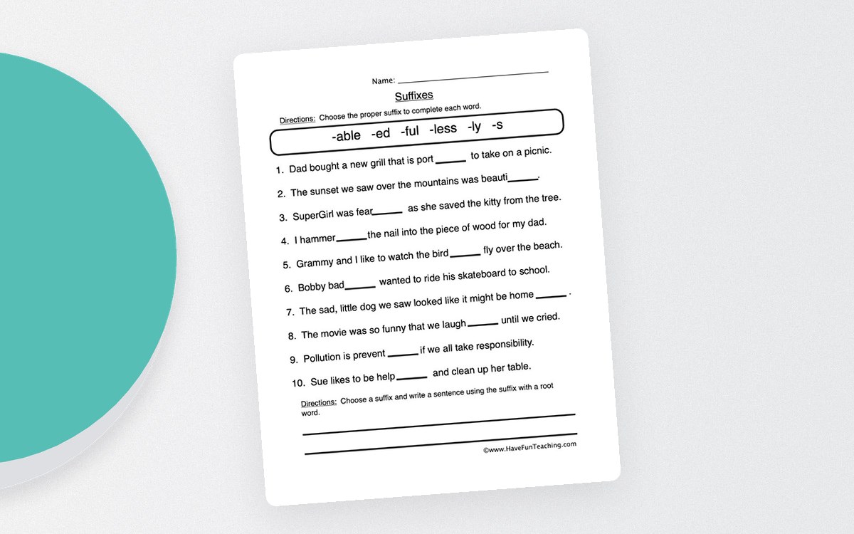 Suffix Fill in the Blank Worksheet preview: Ten sentence-based suffix blanks