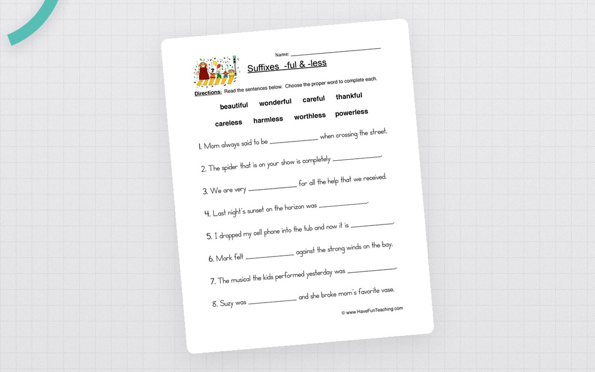 Suffix -Ful and -Less – Word Building Worksheet preview: Eight -ful and -less adjectives