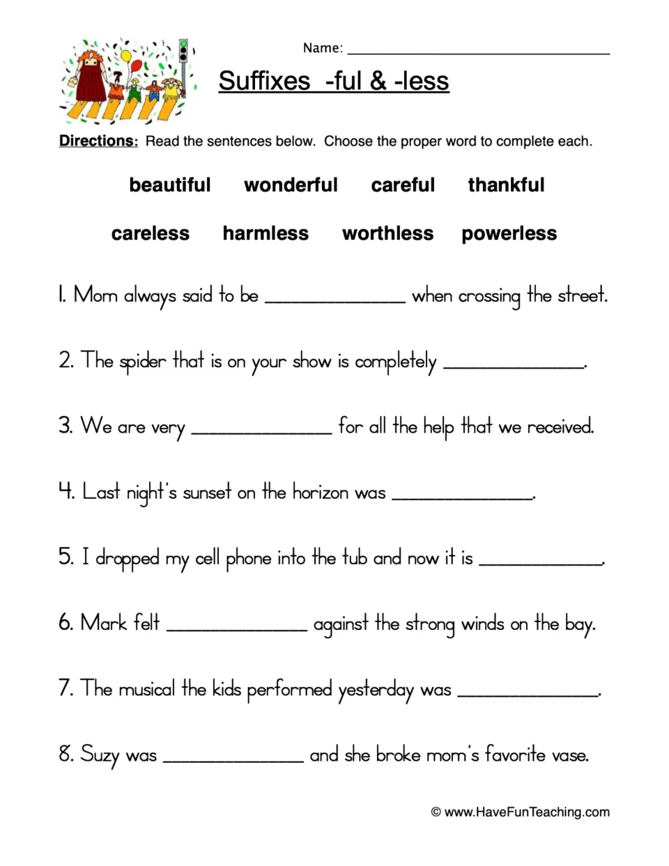 Suffixes -ful and -less: students pick from 8 word-bank words such as careful and harmless to complete 8 sentences
