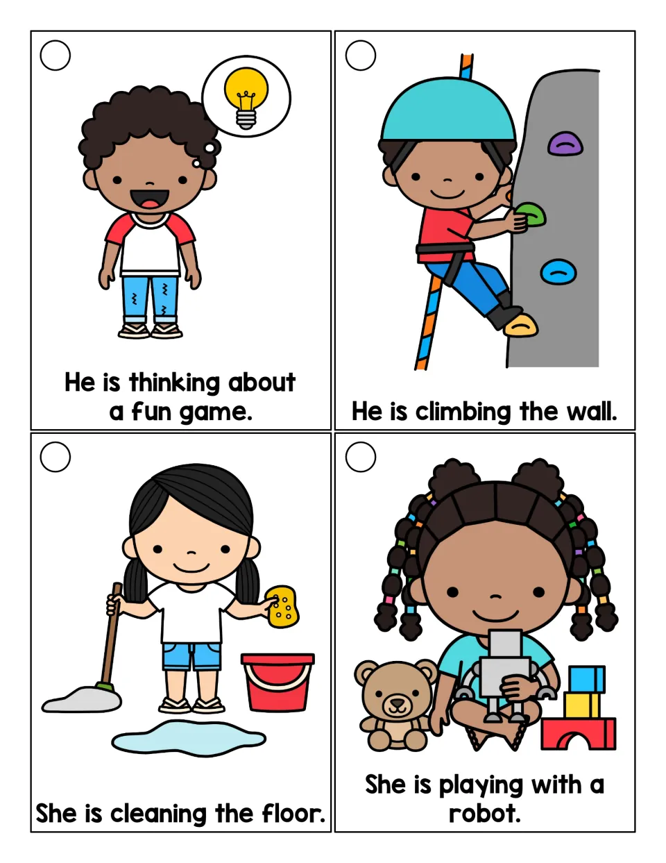 Reading -ing verbs in sentences: students read He is thinking, climbing the wall, cleaning the floor, playing with a robot
