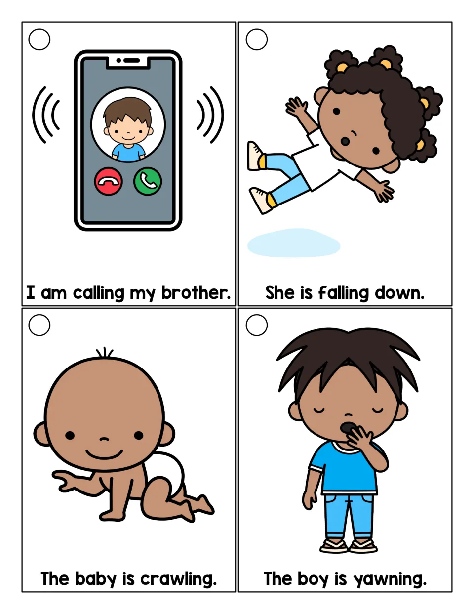-ing action sentences: students read I am calling my brother, She is falling down, The baby is crawling, The boy is yawning