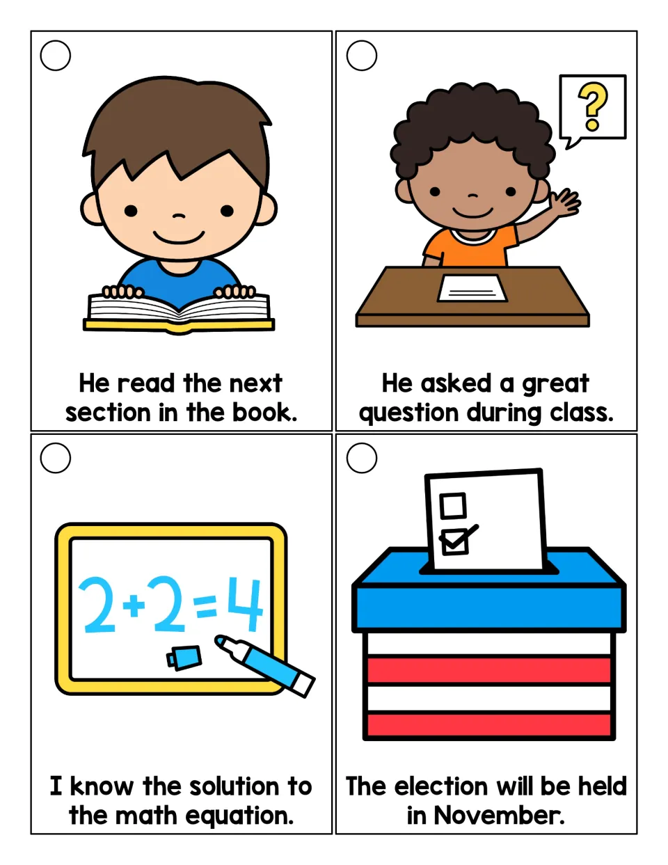 Suffix -ion reading ring cards feature sentences using section, question, solution, equation, and election