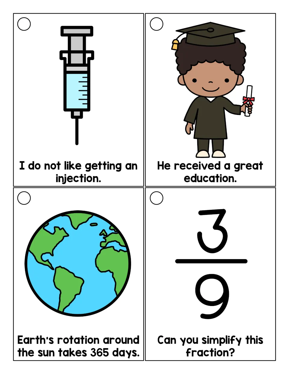 Suffix -ion reading ring cards feature injection, education, rotation, and fraction, illustrated with 3/9