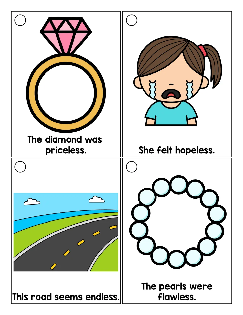 Suffix -less cards: students read sentences using priceless, hopeless, endless and flawless with ring, road and pearls