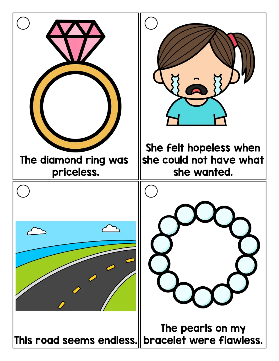 Longer -less sentences: students read about a priceless diamond ring, feeling hopeless, an endless road and flawless pearls