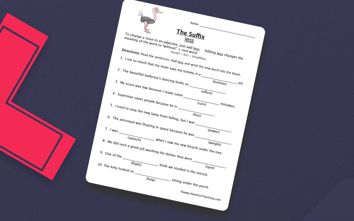 Suffix LESS Worksheet preview: Suffix -less meaning explanation