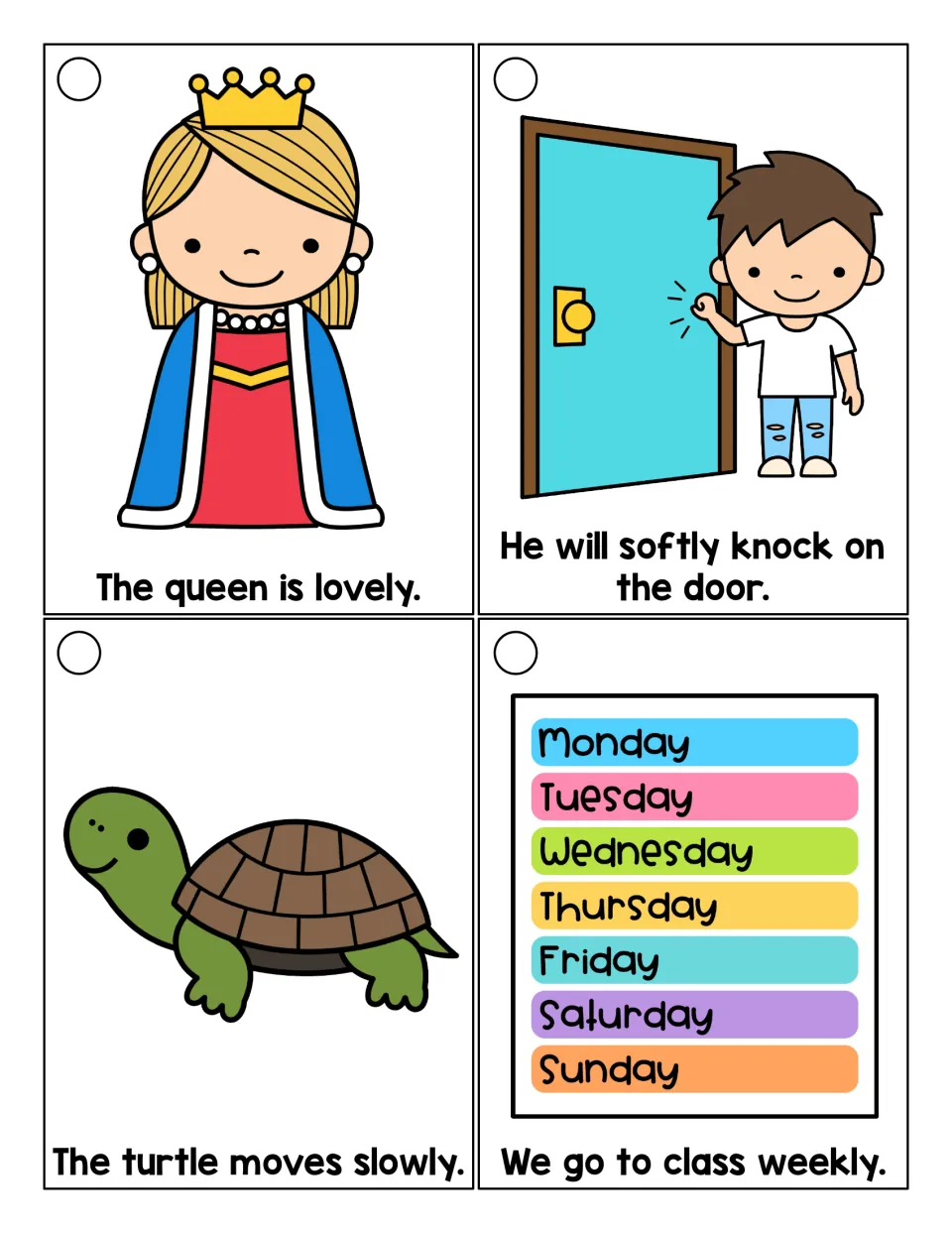 Suffix -ly reading cards: students read short sentences using lovely, softly, slowly and weekly, matched to pictures
