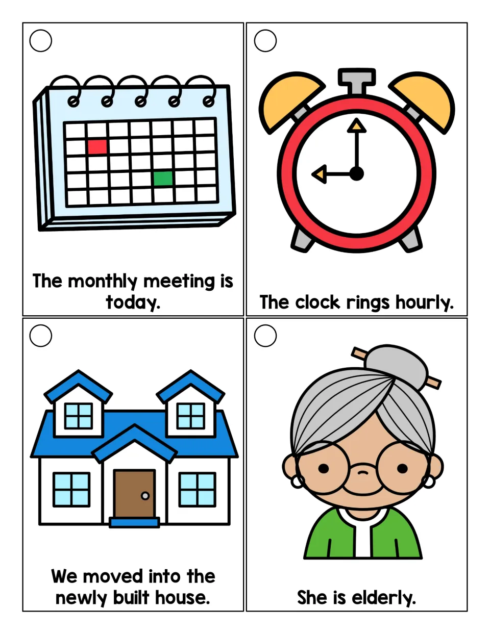 Suffix -ly reading cards: short sentences with monthly, hourly, newly and elderly, shown with a calendar, clock and house