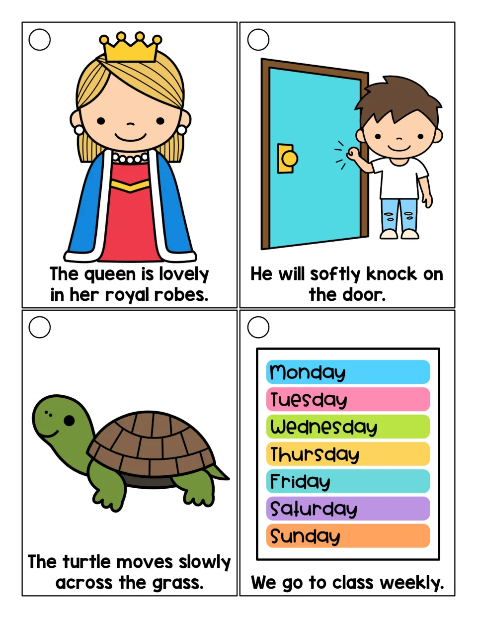 Suffix -ly longer-sentence cards: students read about a lovely queen, softly knocking, a turtle moving slowly, weekly class