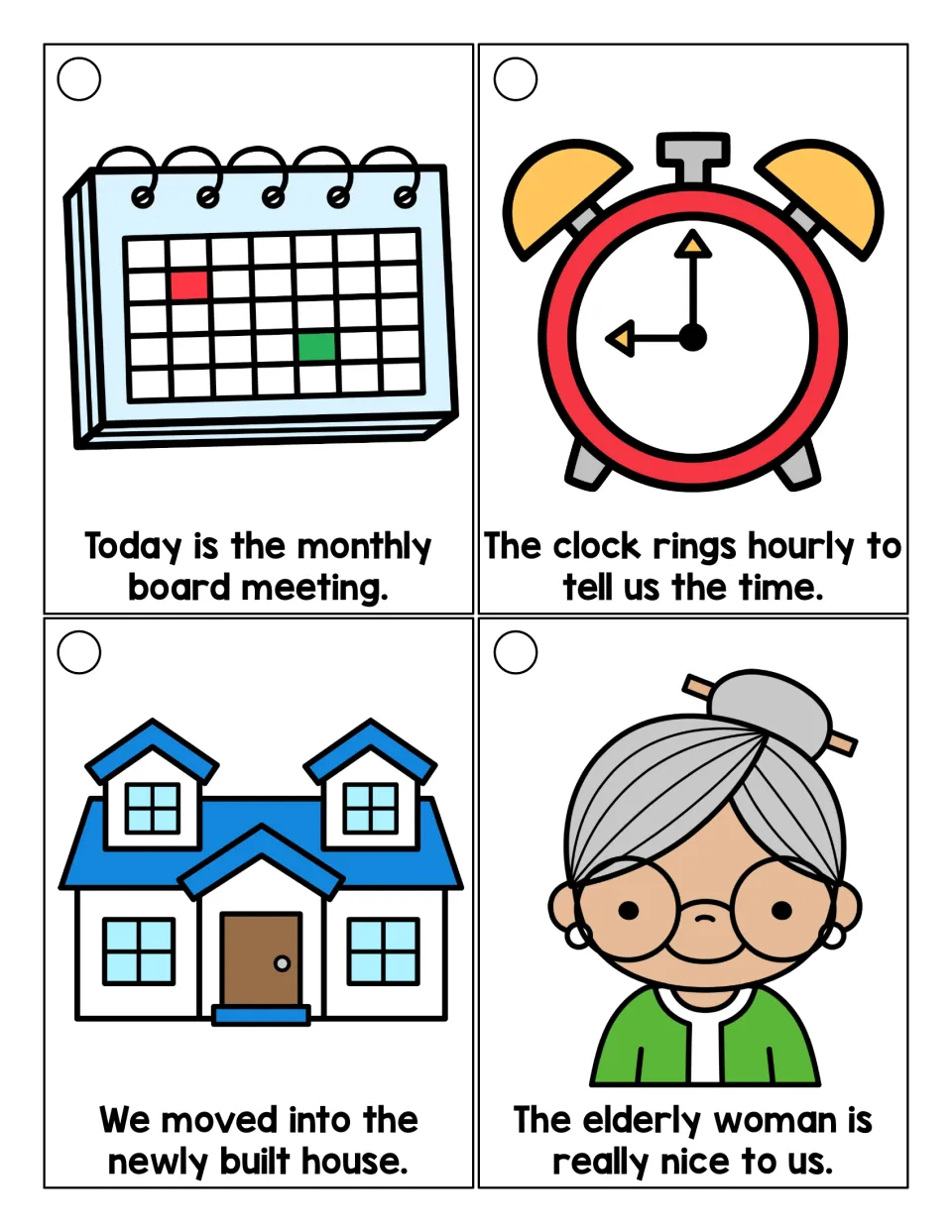 Suffix -ly longer-sentence cards: sentences using monthly, hourly, newly and elderly with a calendar, clock and house