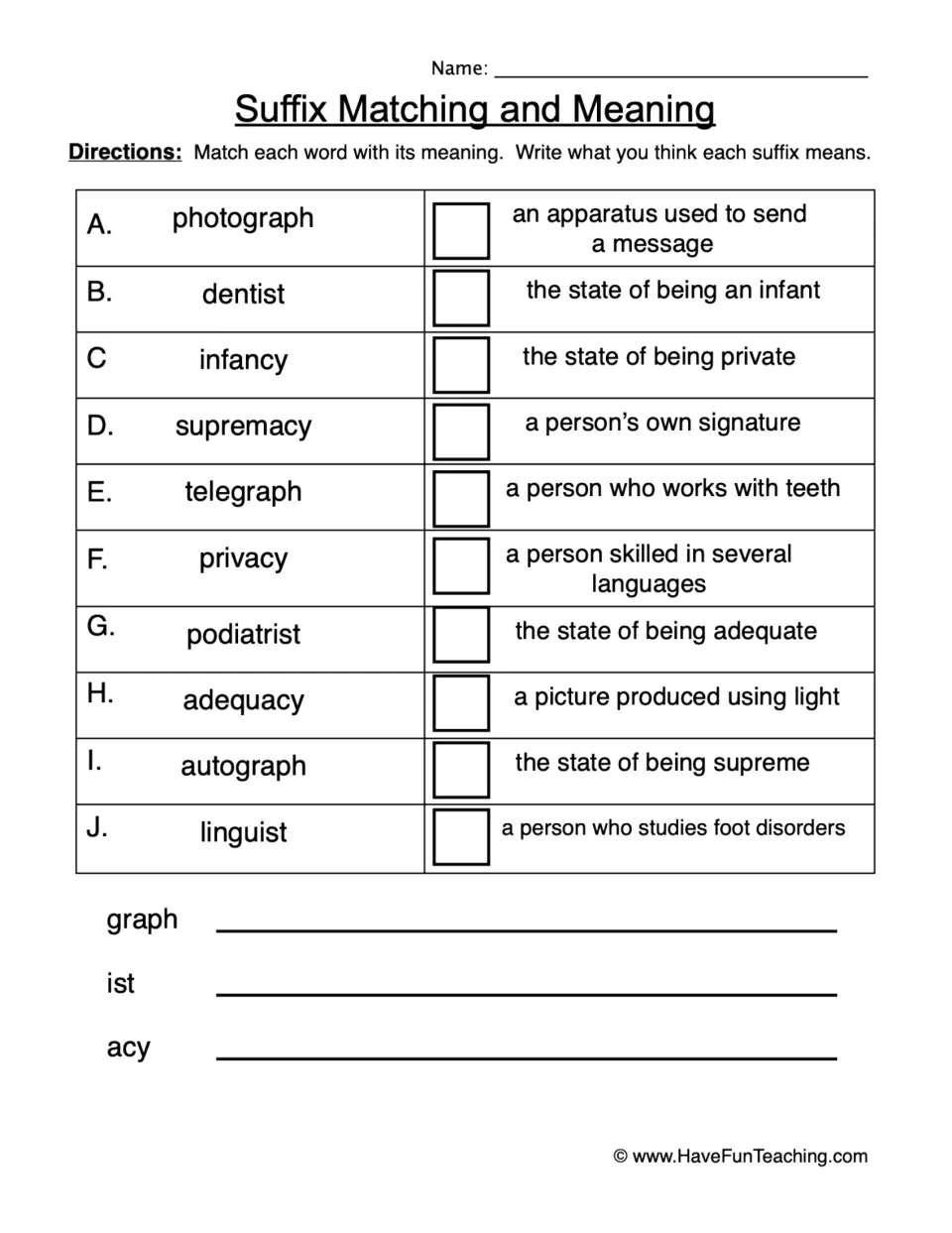 Suffix Matching and Meaning: students match 10 words like dentist and autograph to meanings, then define -graph, -ist, -acy