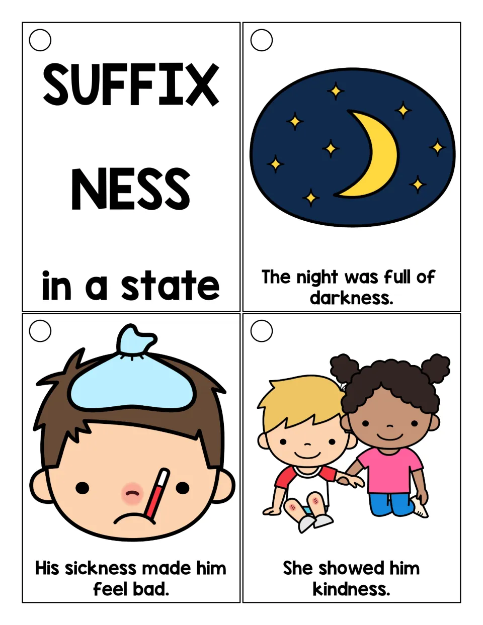 Suffix -ness ring cards: an 'in a state' meaning card and pictured sentences using darkness, sickness and kindness