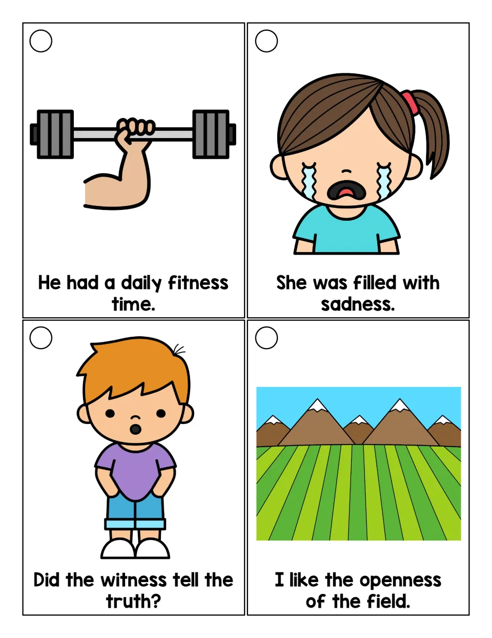Suffix -ness reading cards: students read short pictured sentences with fitness, sadness, witness and openness