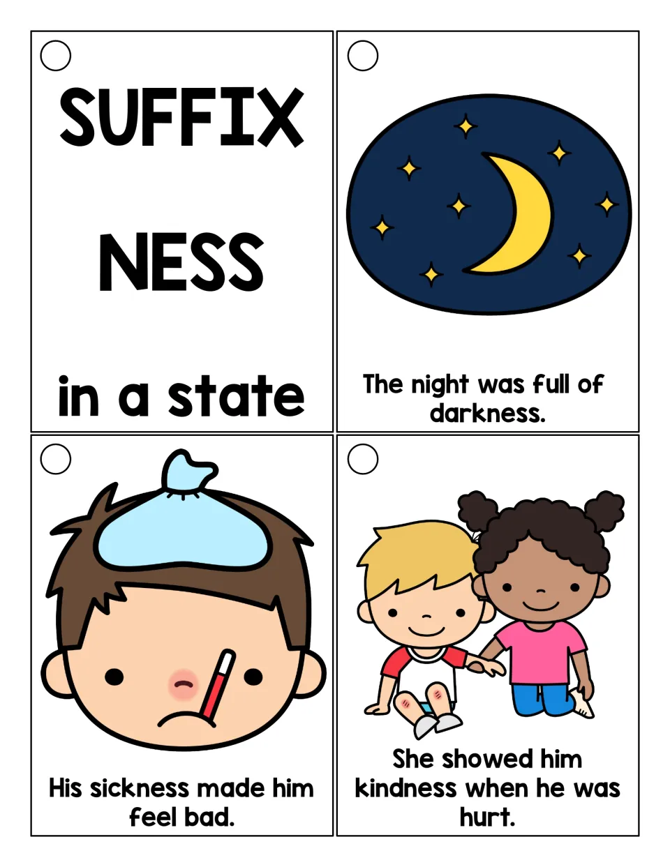 Longer -ness sentence cards: title card 'in a state' with darkness, sickness and kindness when he was hurt