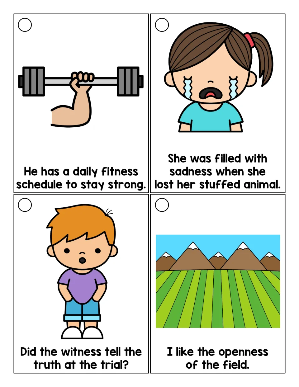 Longer -ness sentence cards: fitness schedule, sadness over a lost stuffed animal, witness at the trial, openness