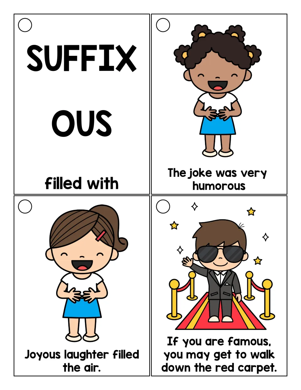 Reading ring cover card defining -ous as 'filled with' and sentence cards for humorous, joyous, and famous
