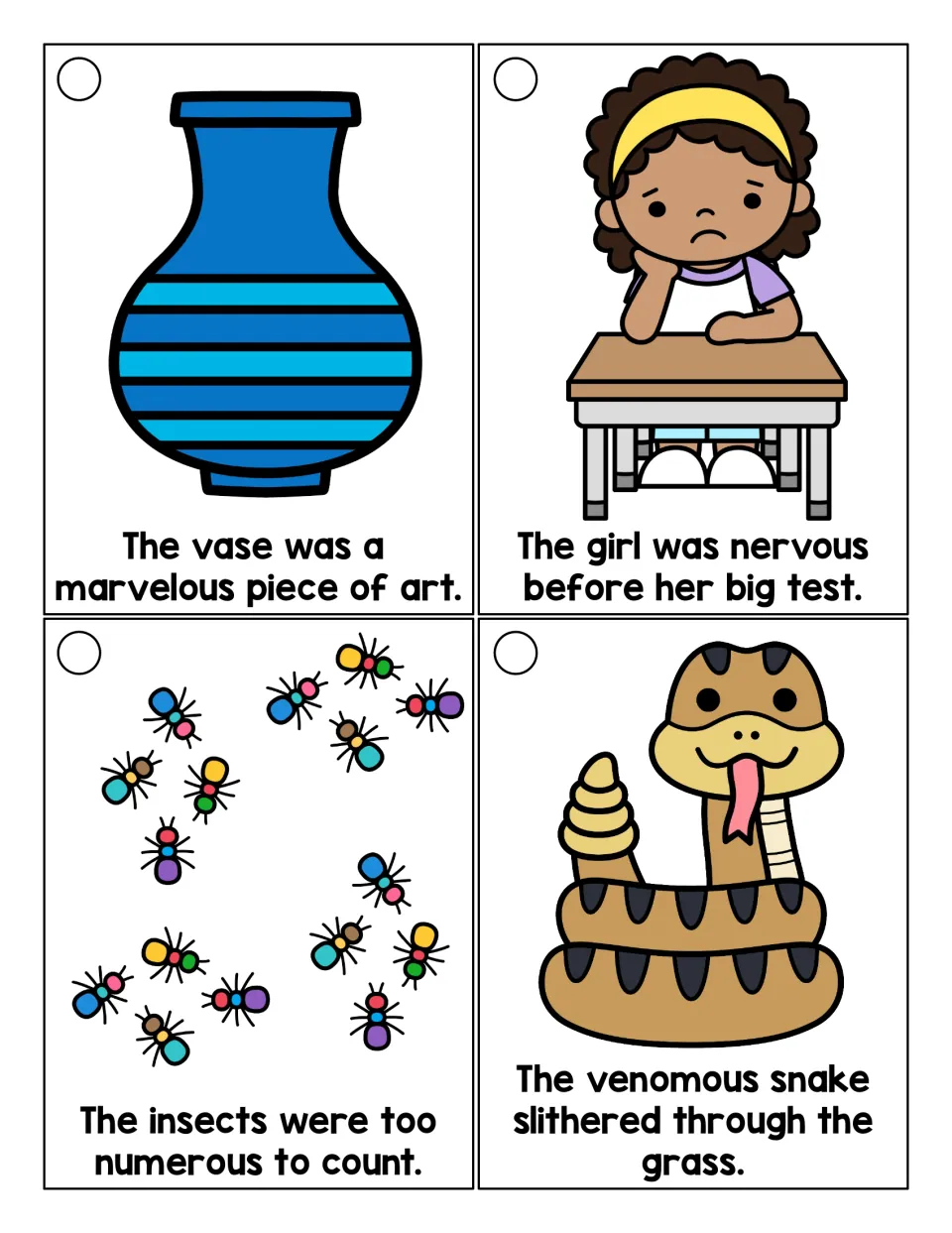 Suffix -ous reading ring sentence cards for marvelous, nervous, numerous, and venomous, with illustrations