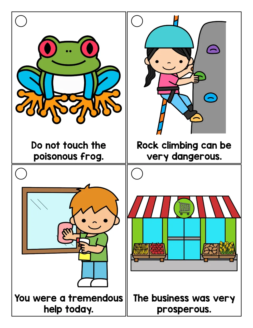 Suffix -ous reading ring sentence cards for poisonous, dangerous, tremendous, and prosperous, with pictures