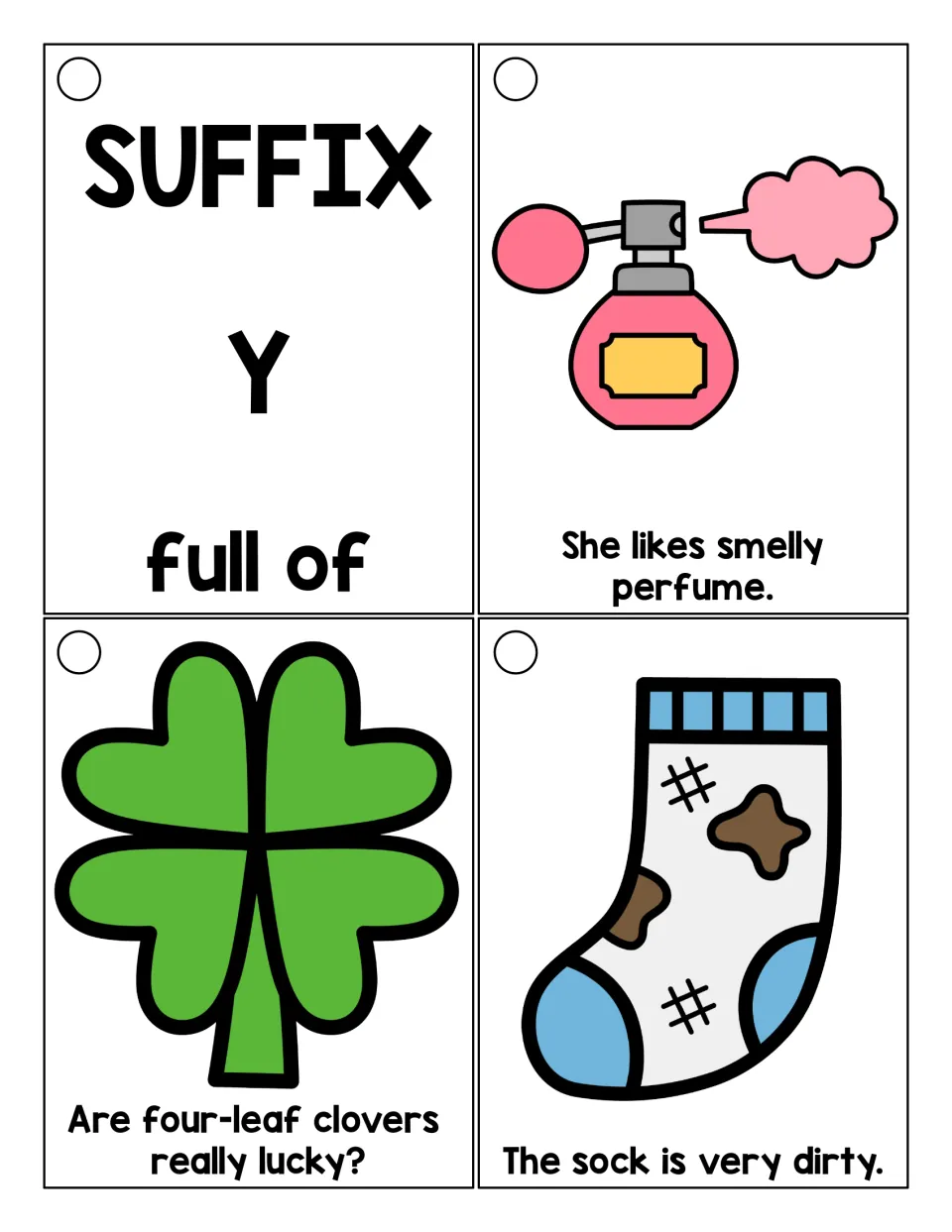 Suffix -y meaning 'full of' title card, then picture sentences using smelly, lucky and dirty for students to read