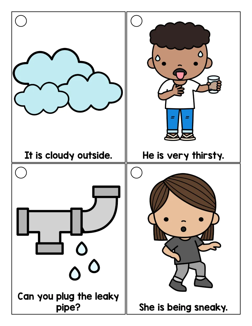 Short -y suffix sentences for students to read aloud: cloudy, thirsty, leaky and sneaky, each with a picture