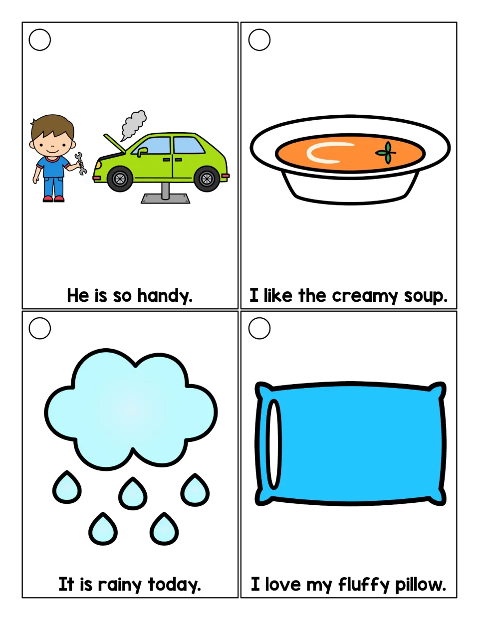 Reading -y suffix words in short sentences: handy, creamy, rainy and fluffy, each with a matching picture