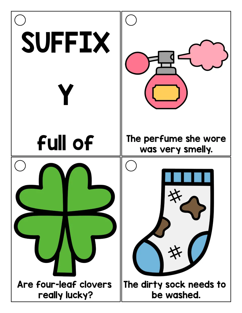 Longer -y suffix sentences after a 'full of' title card: smelly perfume, lucky clovers and a dirty sock to wash