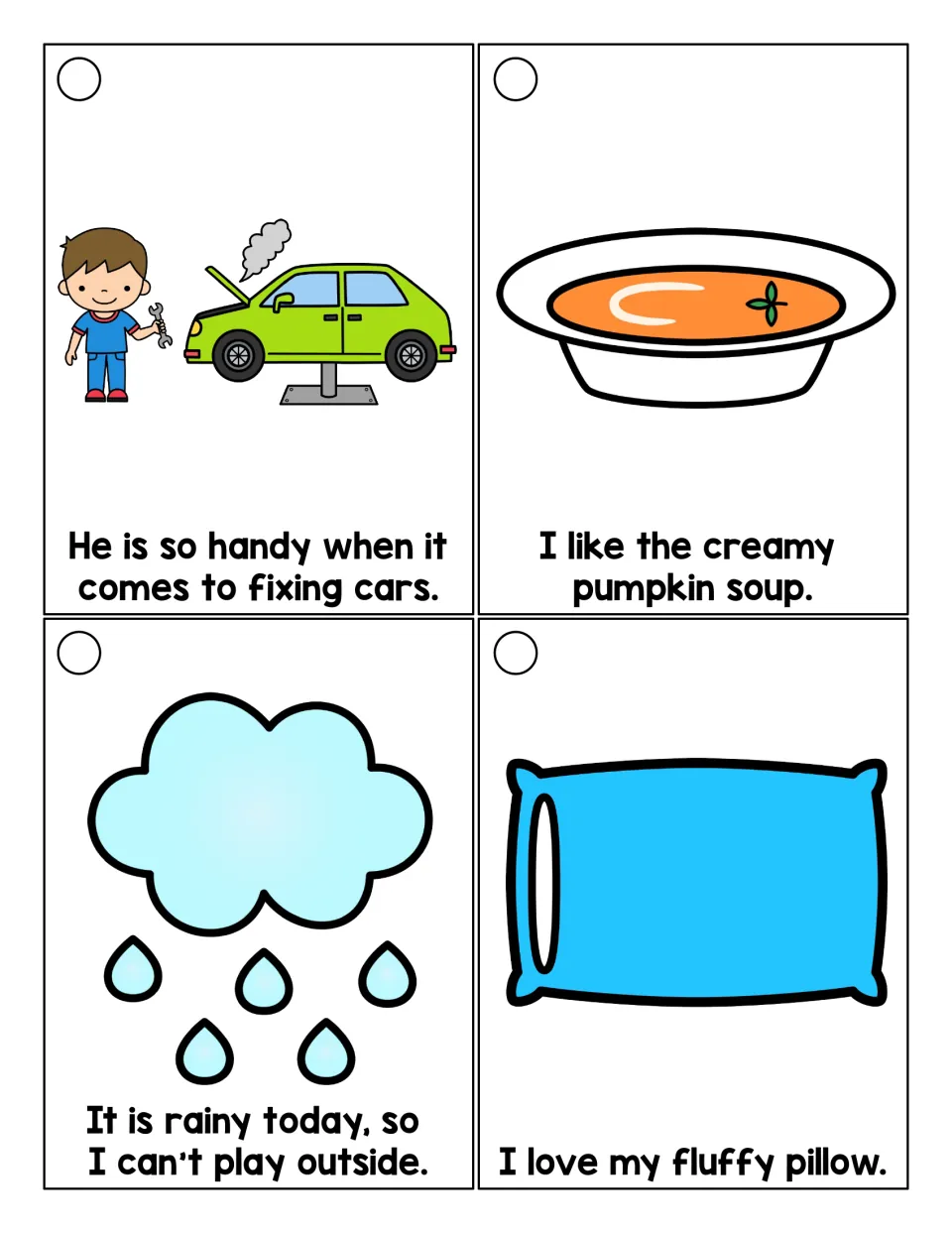 Longer -y suffix sentences to read: handy at fixing cars, creamy pumpkin soup, a rainy day indoors, a fluffy pillow