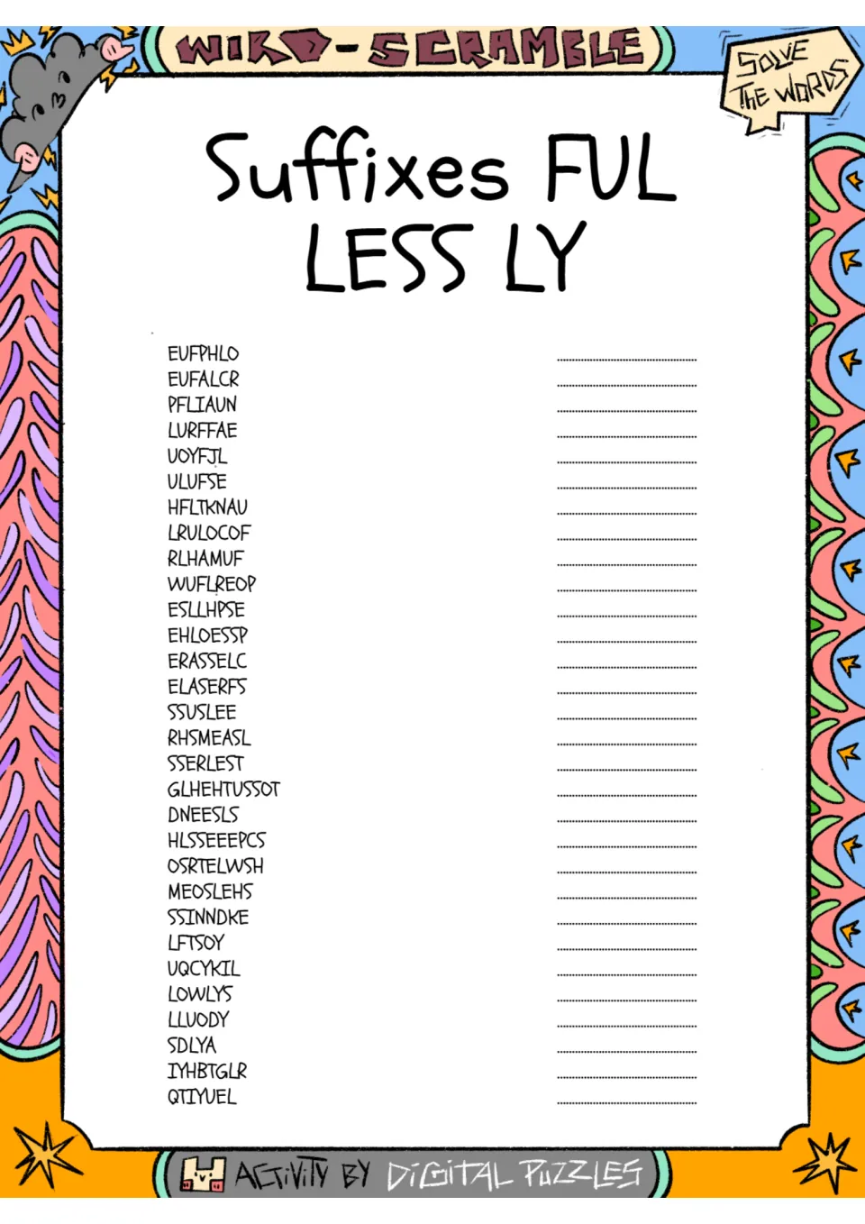 Suffixes -ful, -less and -ly word scramble: students unscramble 30 words, such as EUFPHLO, and write each one out