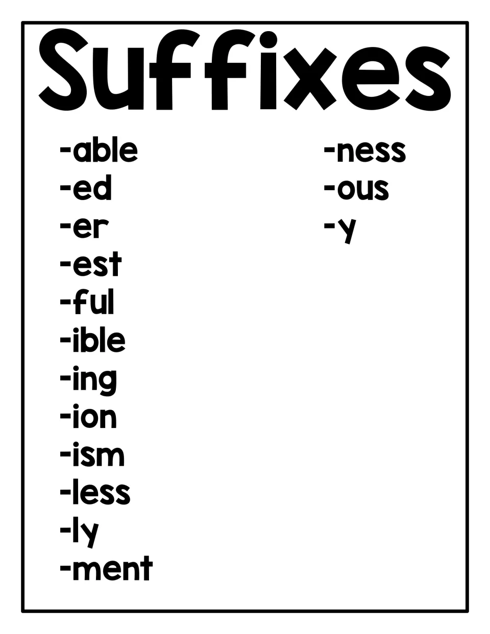 Suffix list poster naming 15 endings, from -able, -ed and -er to -ment, -ness, -ous and -y, for word-part reference
