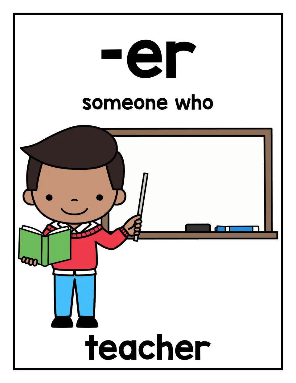 Suffix -er poster meaning "someone who", illustrated by the word teacher and a boy pointing at a whiteboard
