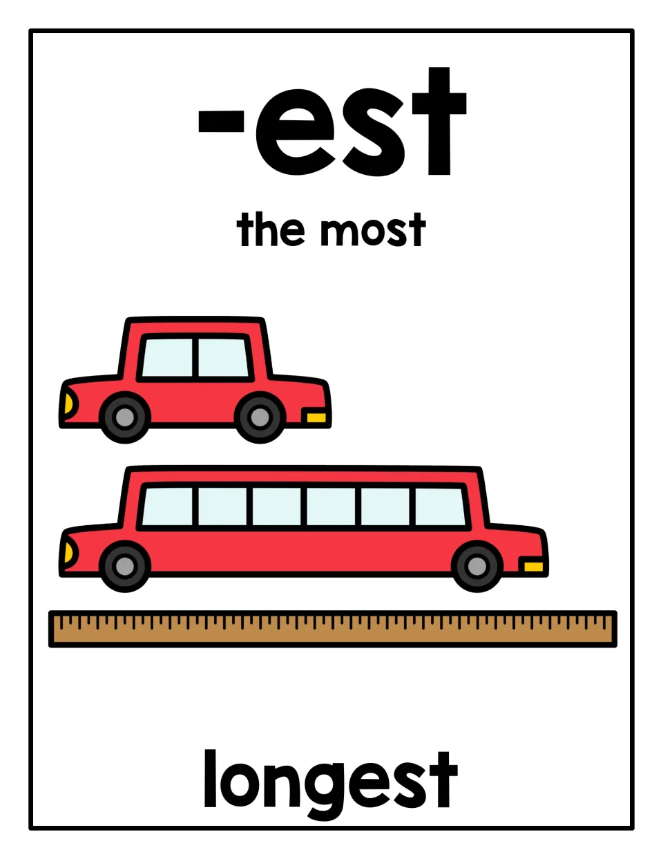 Suffix -est poster meaning "the most", showing longest with a short car and a long limousine above a ruler