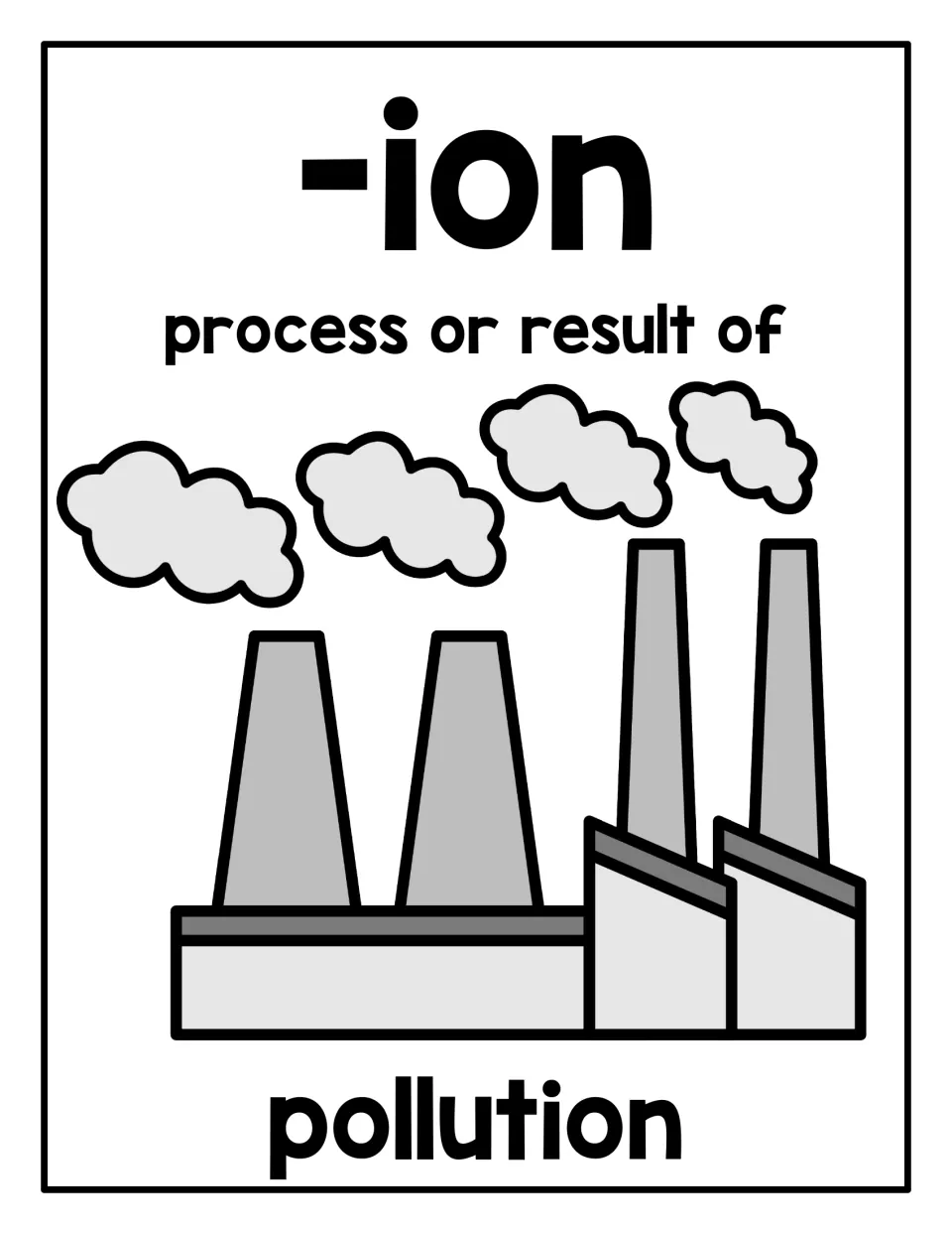 Suffix -ion poster meaning "process or result of", with the word pollution under a factory releasing smoke