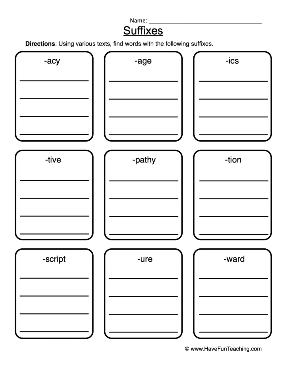 Suffixes word hunt: students find words in texts ending in -acy, -age, -ics, -tive, -pathy, -tion, -script, -ure, -ward