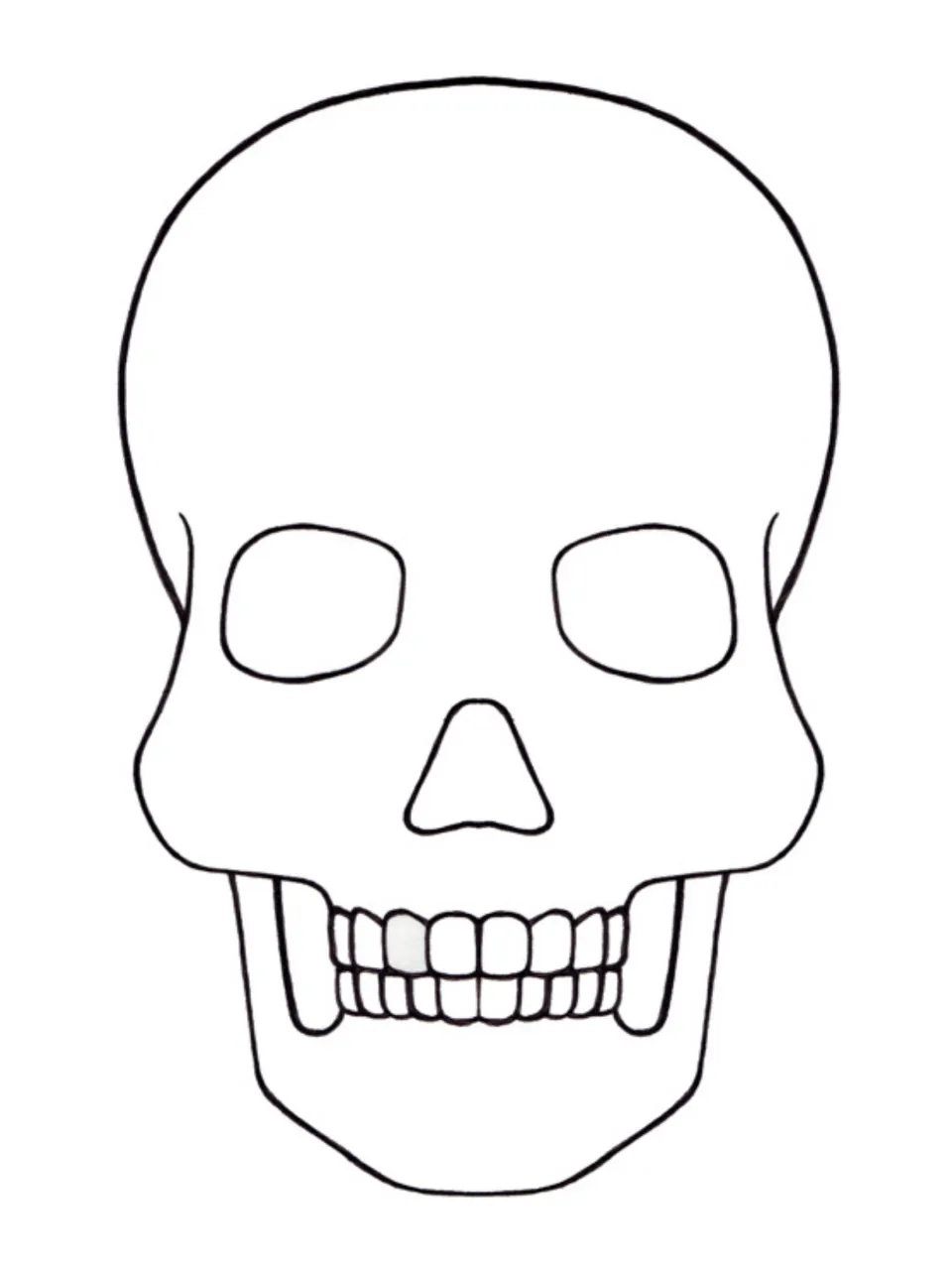 Blank skull outline with rounded eye sockets and a full row of teeth for students to decorate with colors and symbols